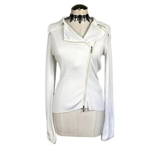 Vtg y2K Caché White Double Zip Rhinestone Collared Mcbling Chic Sweater Jacket S
